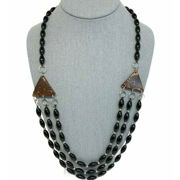 Multi Strand Necklace Coconut Triangle Shell Accents Black Oval Beads  27" Boho - Picture 1 of 8